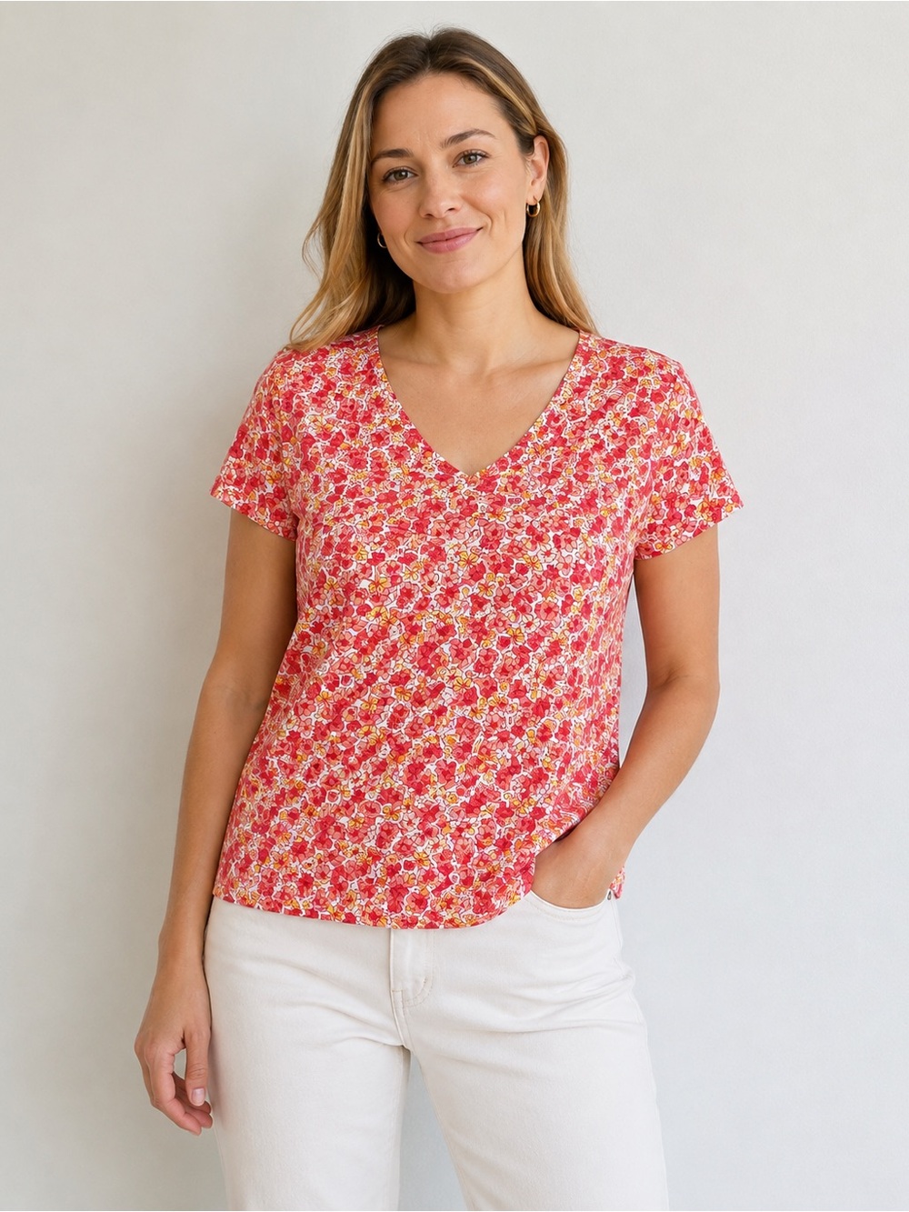 Lands’ End Women’s Floral V-Neck Short Sleeve Cotton Top Size Medium